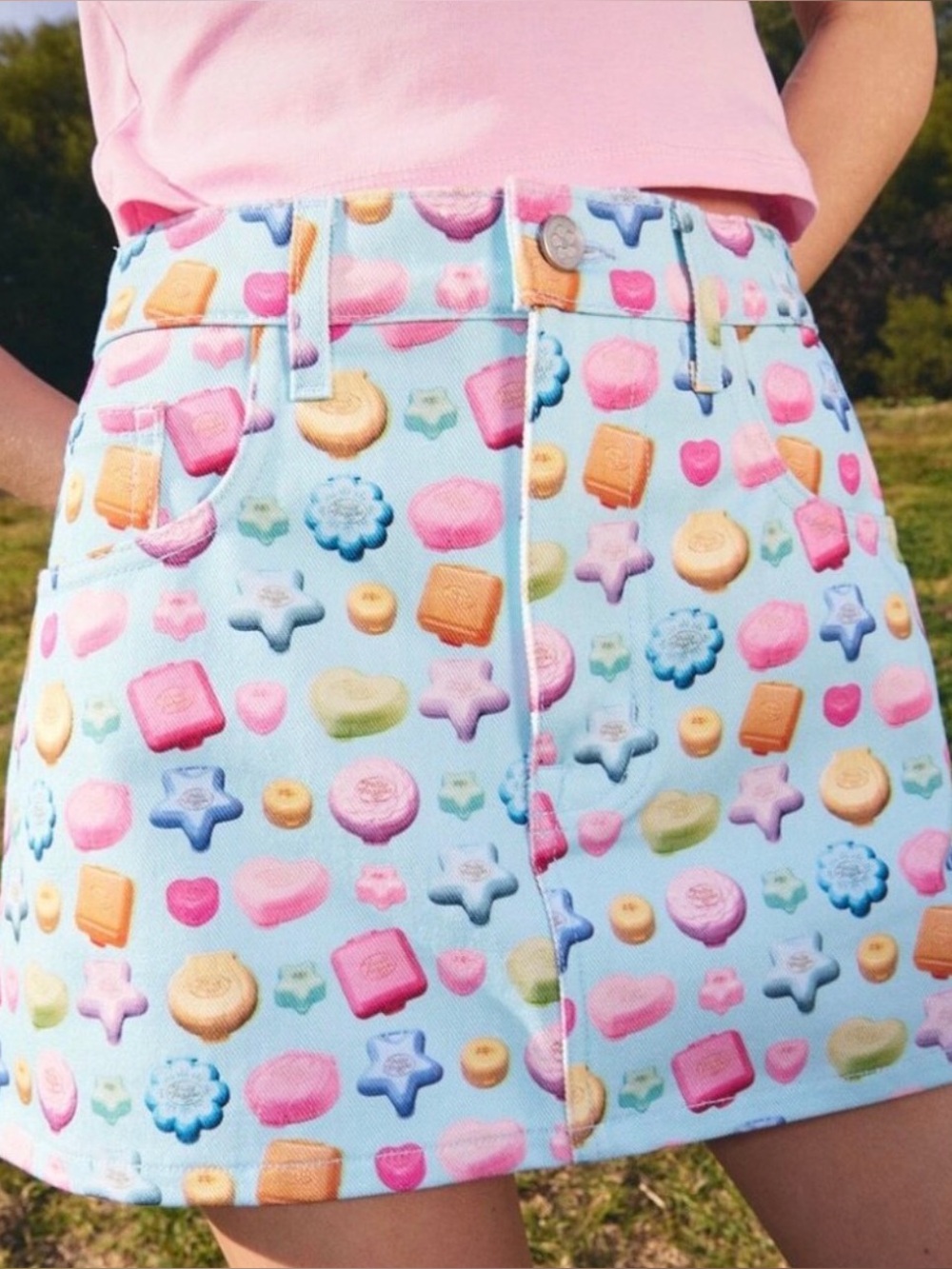 NWT Lisa Says Gah x Polly Pocket Chloe Blue Denim Print Mini Skirt 100% Cotton